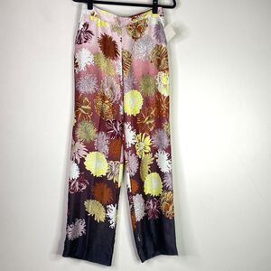 New Zara Satin Floral High Waist Wide Leg Pocket Side Zip Pant Womens Size Small